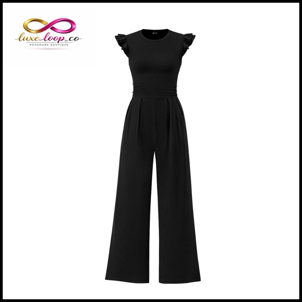 Rib Knit Jumpsuit With Ruffle Sleeves, Crew Neck, Back Zipper, Size M